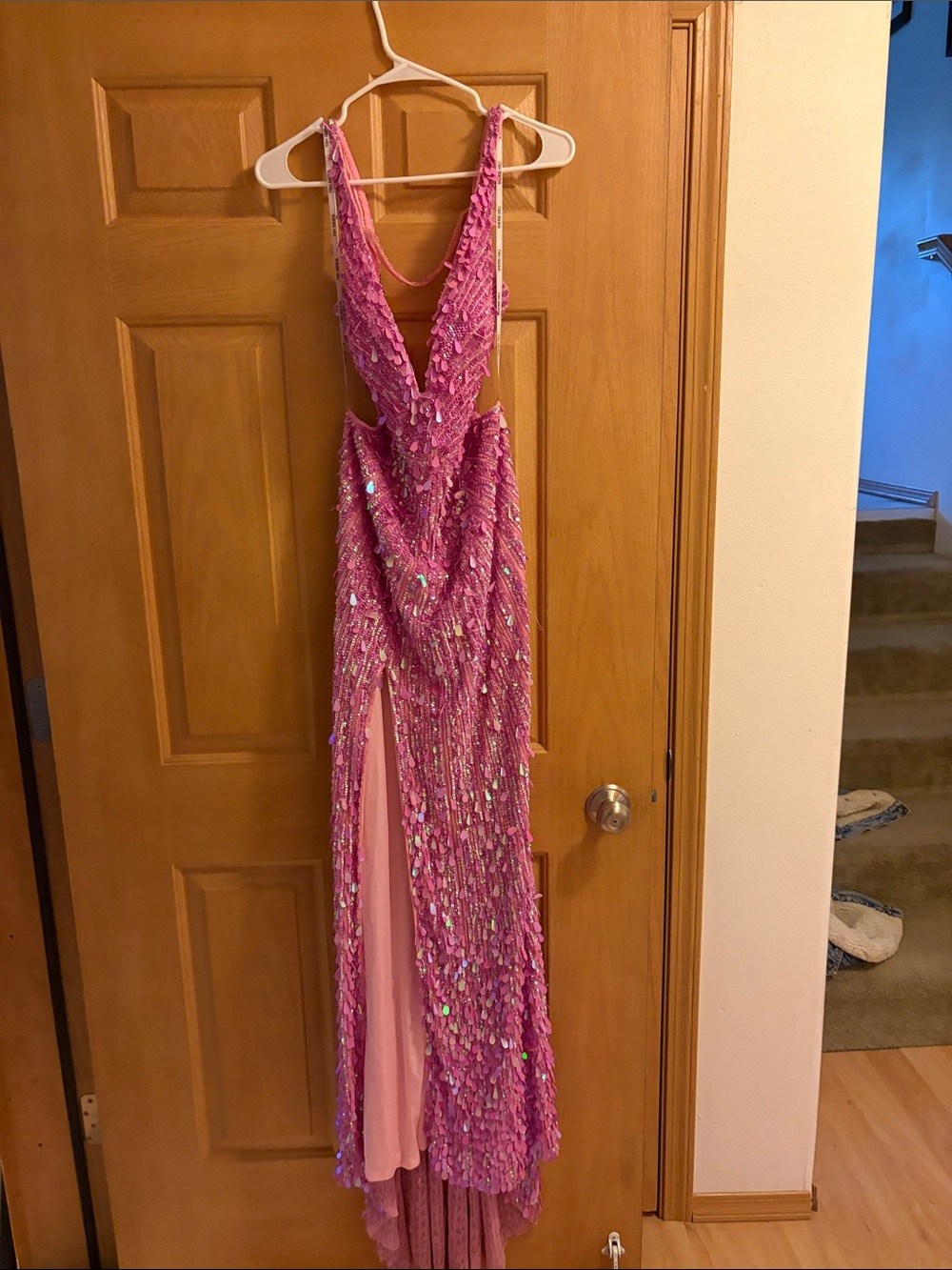 Sherri Hill Pink Sequined Backless Evening Gown